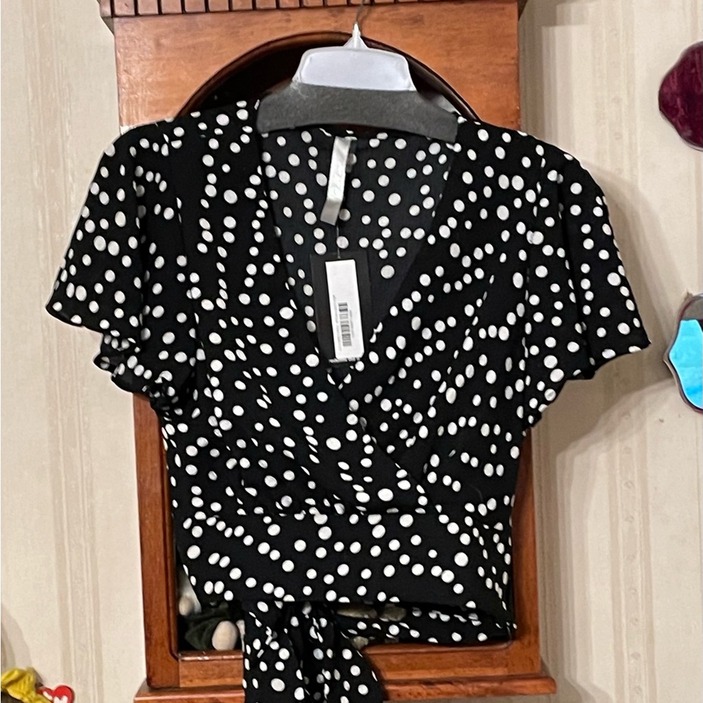 Black with white polka dots crop top with tie